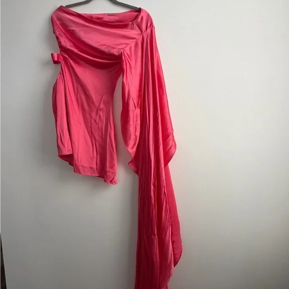 cult gaia One-Shoulder Hot Pink Satin Mini Dress with Draped Sleeve - Picture 3 of 5